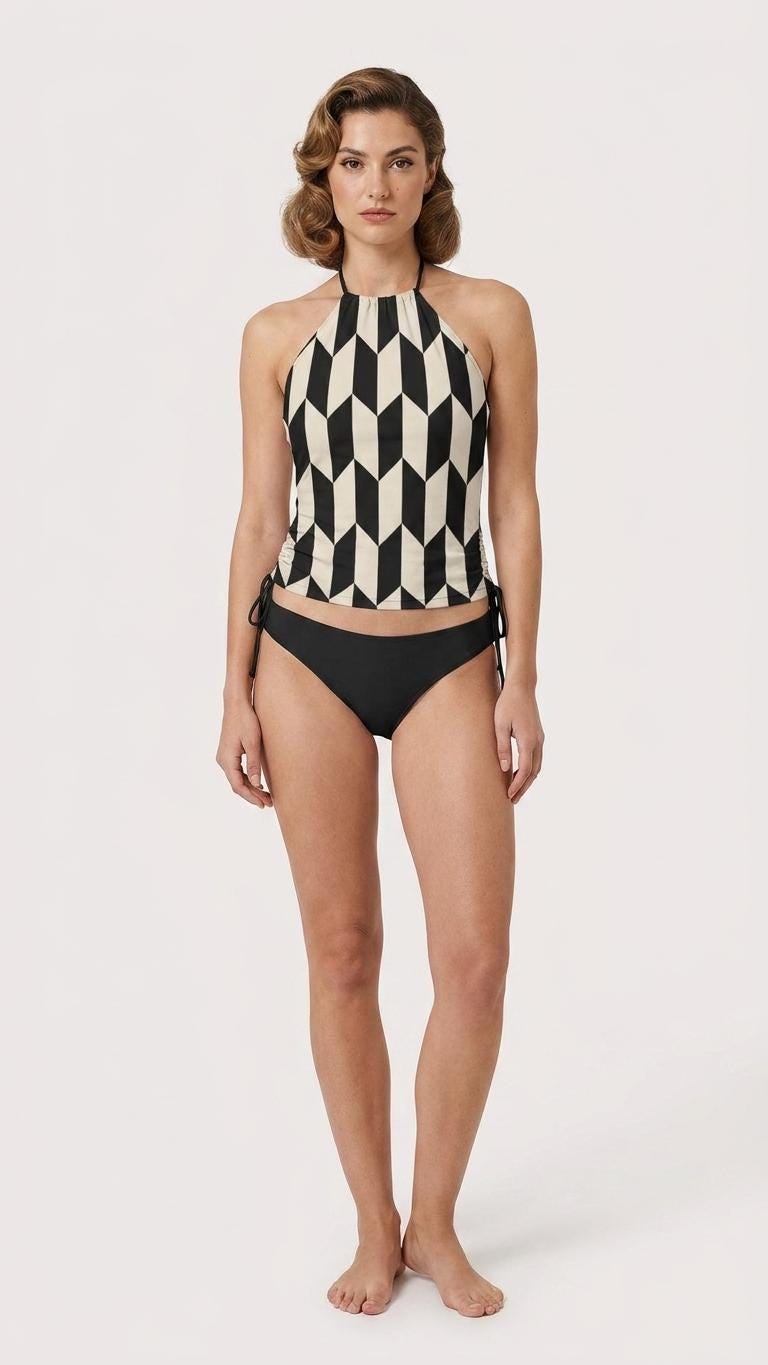 Retro Mid-Century Print Tankini – Vintage-Inspired Two-Piece Drawstring Halterneck Swimsuit - Monochromatic