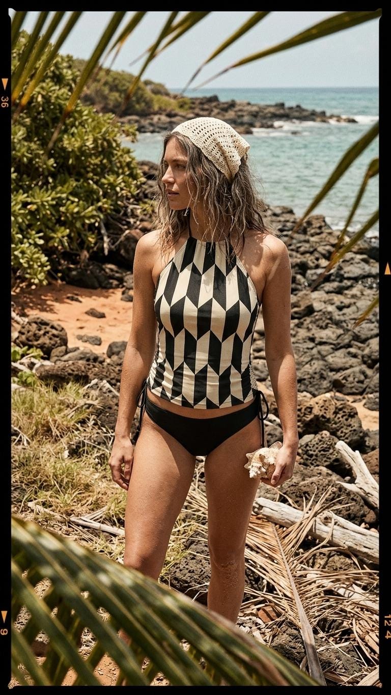 Retro Mid-Century Print Tankini – Vintage-Inspired Two-Piece Drawstring Halterneck Swimsuit - Monochromatic