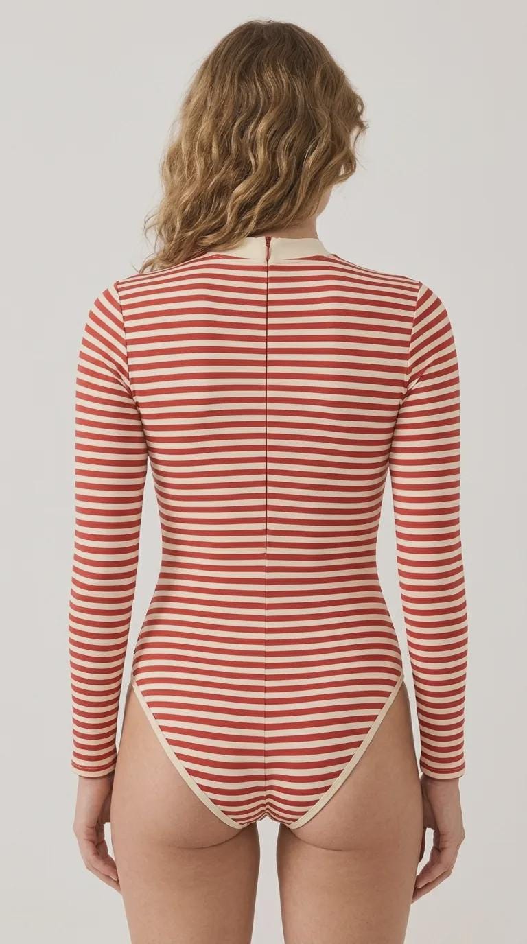 Lightweight Retro Long-Sleeve One-Piece Swimsuit - Back Zipper - Soft Chest Pads - Red Stripy