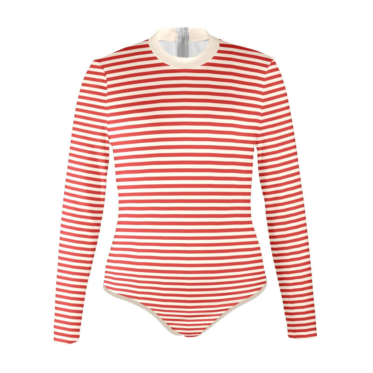 Lightweight Retro Long-Sleeve One-Piece Swimsuit - Back Zipper - Soft Chest Pads - Red Stripy