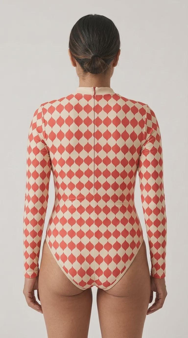 Lightweight Retro Long-Sleeve One-Piece Swimsuit - Back Zipper - Soft Chest Pads - Red Mid-Century Pattern