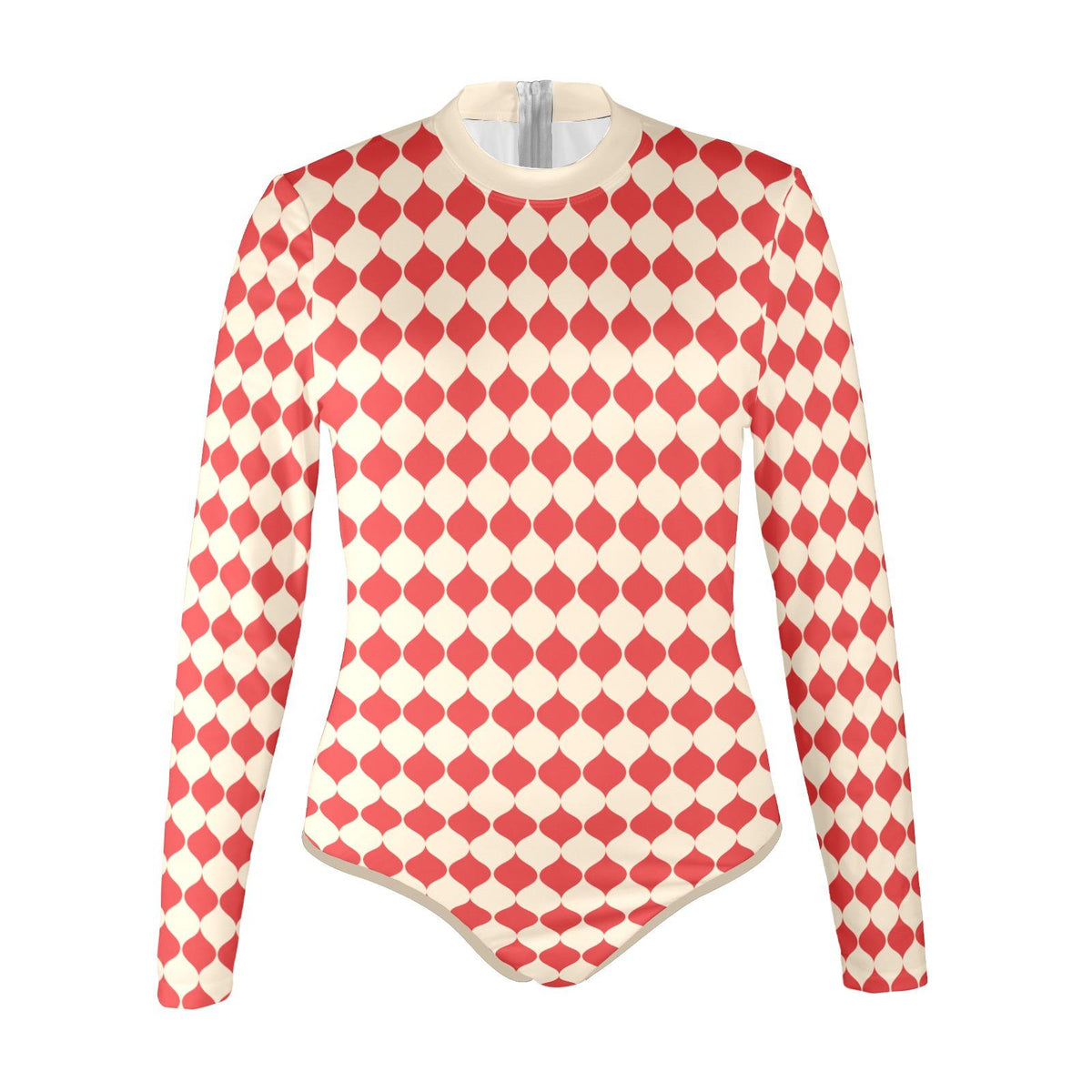 Lightweight Retro Long-Sleeve One-Piece Swimsuit - Back Zipper - Soft Chest Pads - Red Mid-Century Pattern