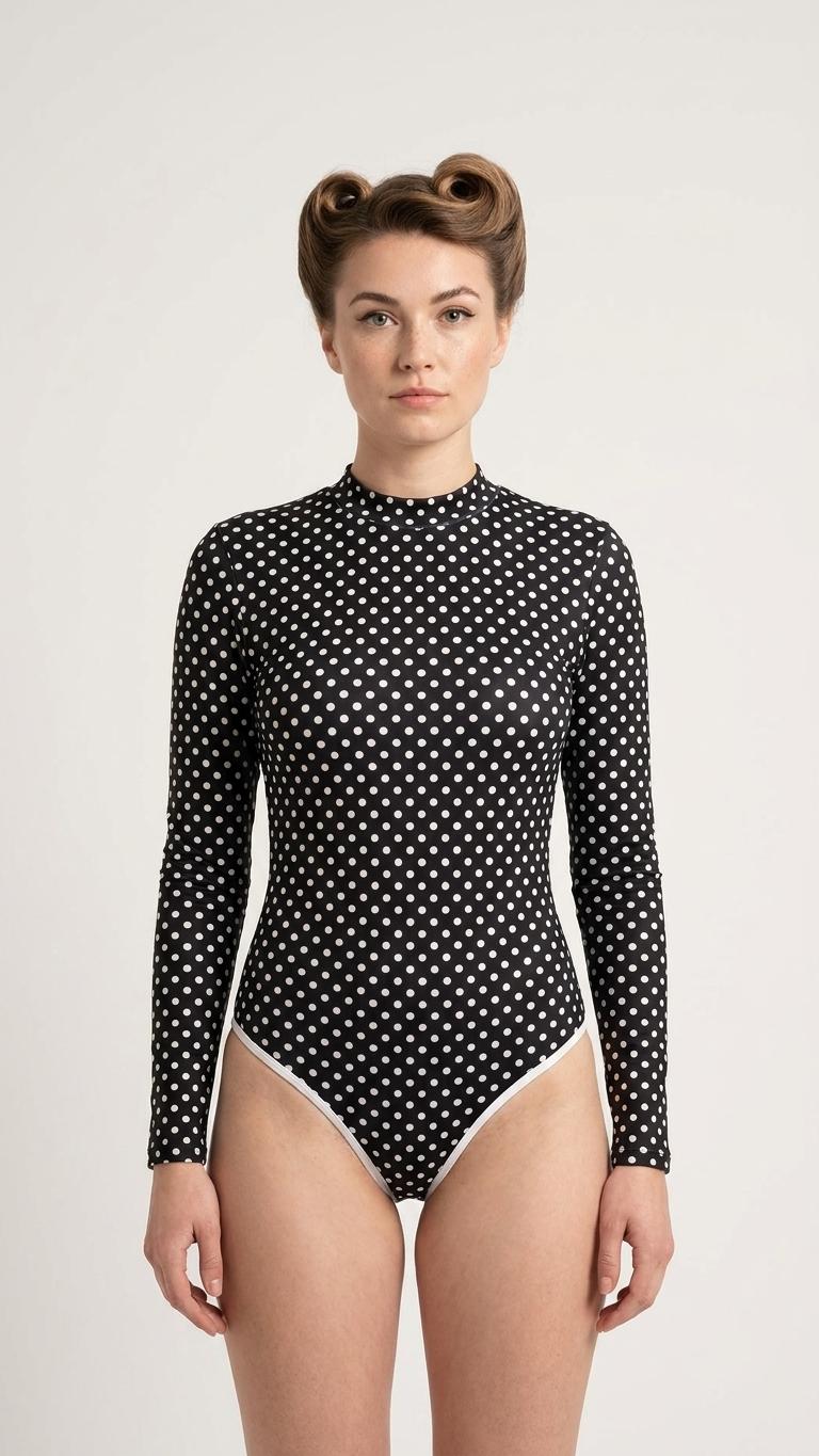 Black Polka Dot Lightweight Back-Zipper One-Piece Swimsuit, Long-Sleeve Bathing Suit