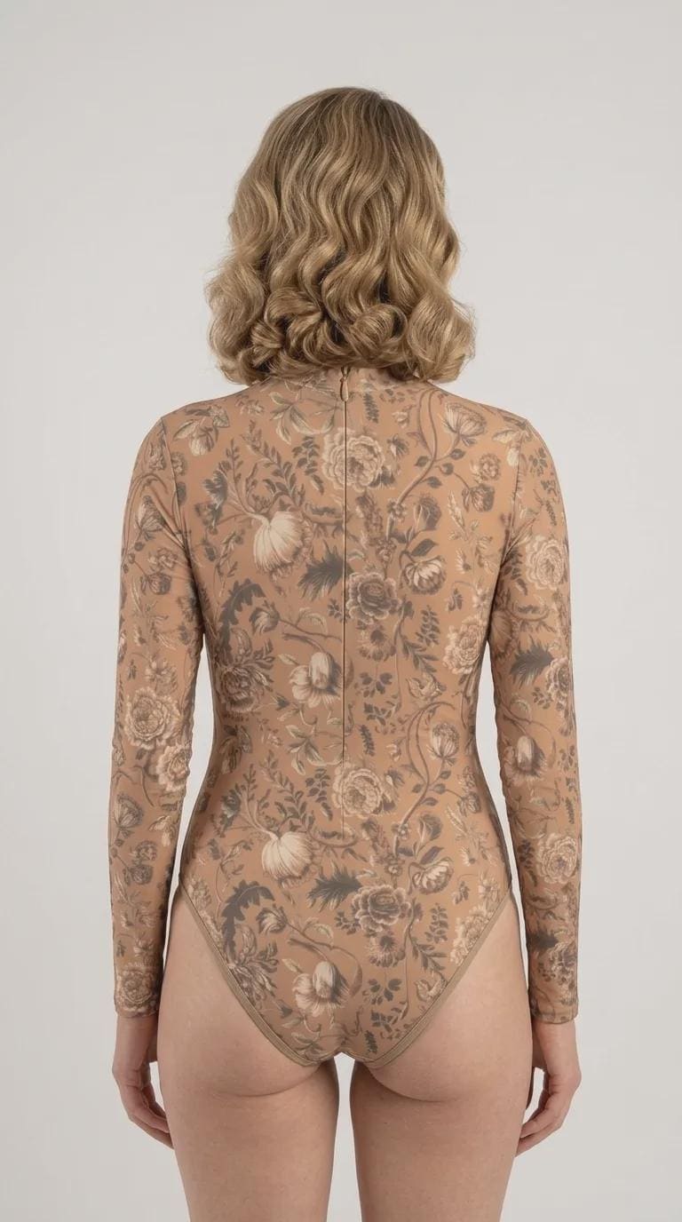 Lightweight Retro Long-Sleeve One-Piece Swimsuit - Back-Zipper - Soft Chest Pads - Autumnal Vintage Florals in Brown