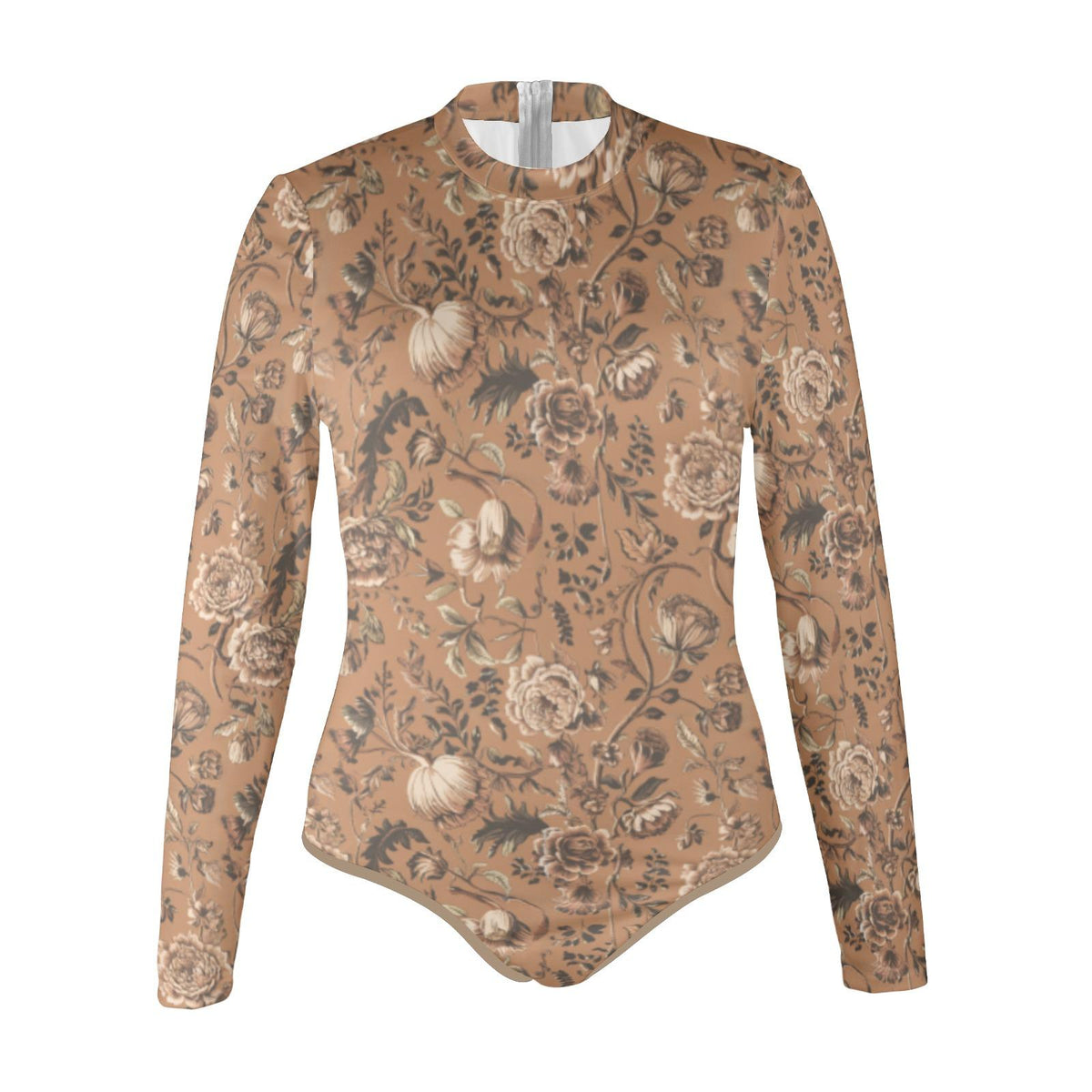 Lightweight Retro Long-Sleeve One-Piece Swimsuit - Back-Zipper - Soft Chest Pads - Autumnal Vintage Florals in Brown