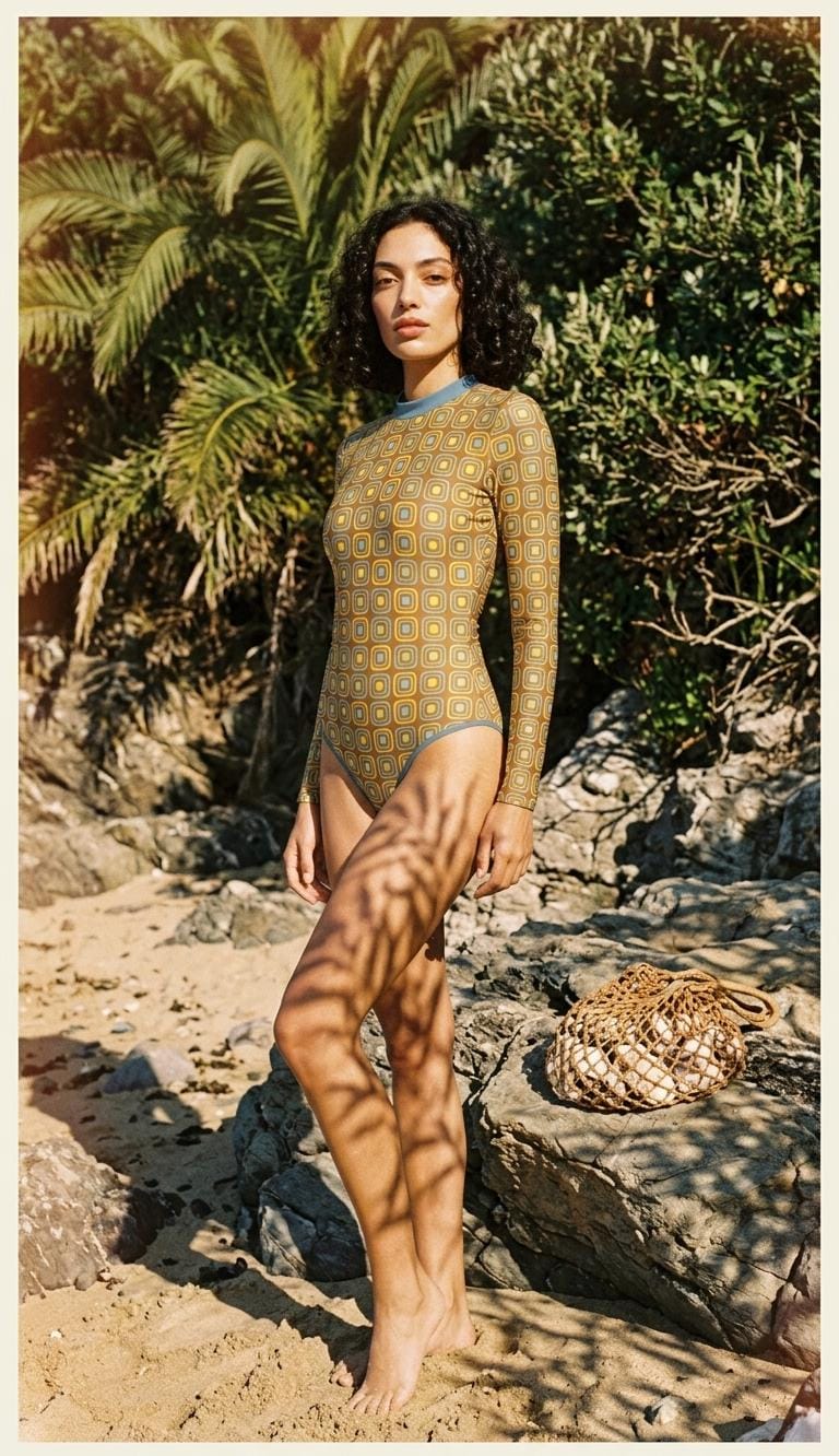 Lightweight Retro Long-Sleeve One-Piece Swimsuit - Back Zipper - Soft Chest Pads - Earthy Mid-Century Pattern