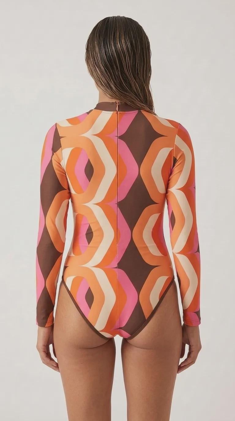 Lightweight Retro Long-Sleeve One-Piece Swimsuit - Back Zipper - Soft Chest Pads - Brown & Orange Vintage Pattern