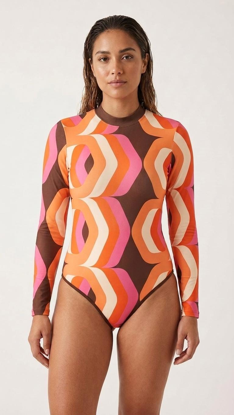 Lightweight Retro Long-Sleeve One-Piece Swimsuit - Back Zipper - Soft Chest Pads - Brown & Orange Vintage Pattern