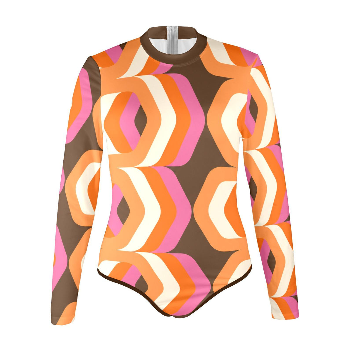 Lightweight Retro Long-Sleeve One-Piece Swimsuit - Back Zipper - Soft Chest Pads - Brown & Orange Vintage Pattern