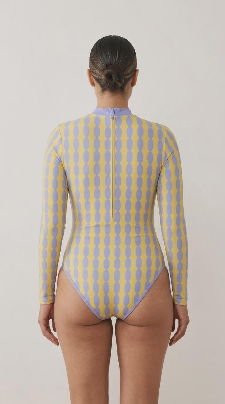 Lightweight Retro Long-Sleeve One-Piece Swimsuit - Back Zipper - Soft Chest Pads - Yellow & Periwinkle Vintage Pattern