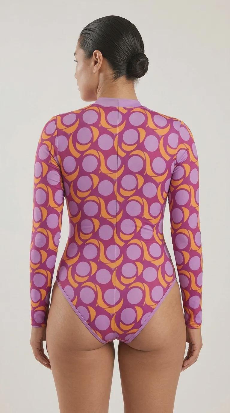 Lightweight Retro Long-Sleeve One-Piece Swimsuit - Back Zipper - Soft Chest Pads - Purple Mod-Style Vintage Pattern