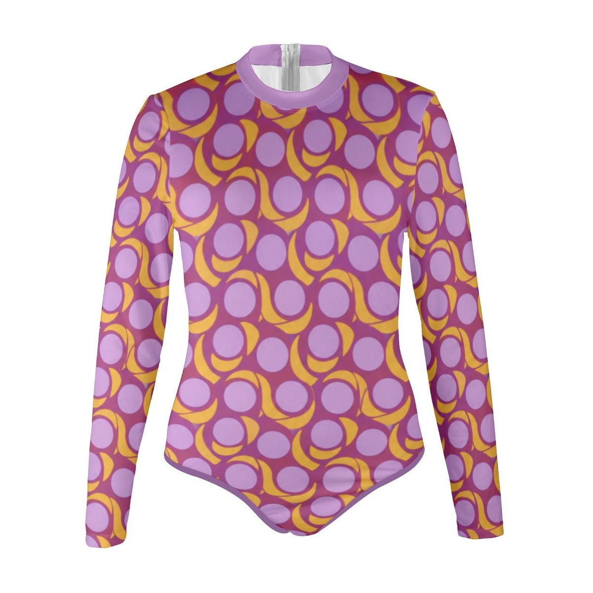 Lightweight Retro Long-Sleeve One-Piece Swimsuit - Back Zipper - Soft Chest Pads - Purple Mod-Style Vintage Pattern