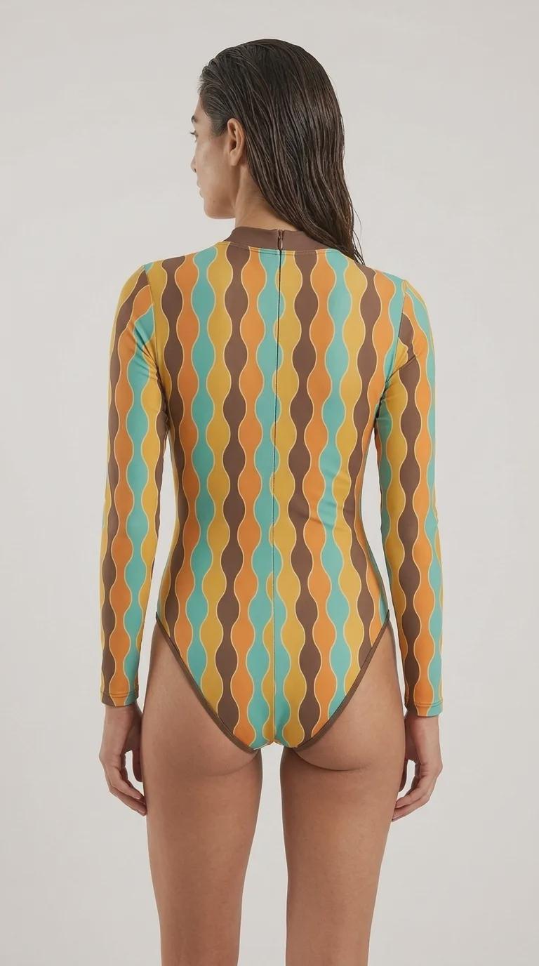 Lightweight Retro Long-Sleeve One-Piece Swimsuit - Back Zipper - Soft Chest Pads - Hourglass Vintage Pattern