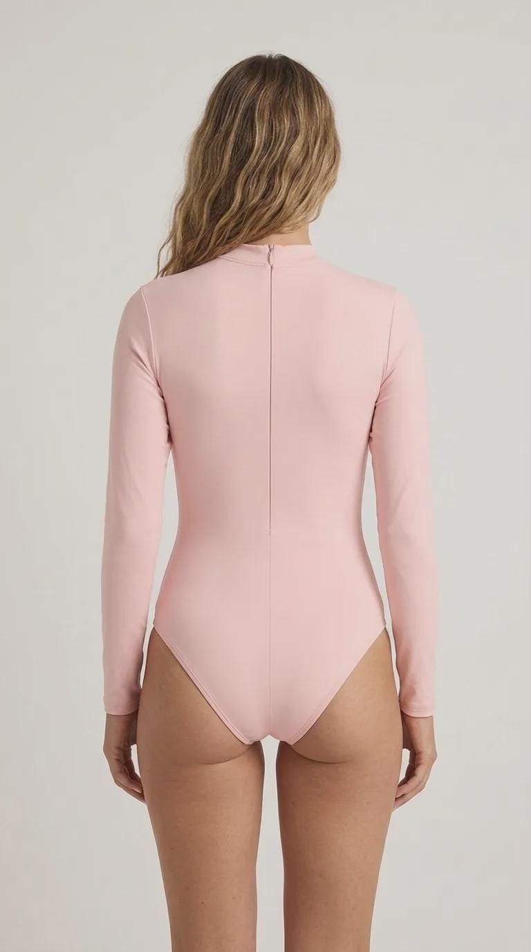 Retro Long-Sleeve One-Piece Swimsuit - Back Zipper - Lightweight - Soft Chest Pads - Pale Bubblegum Pink