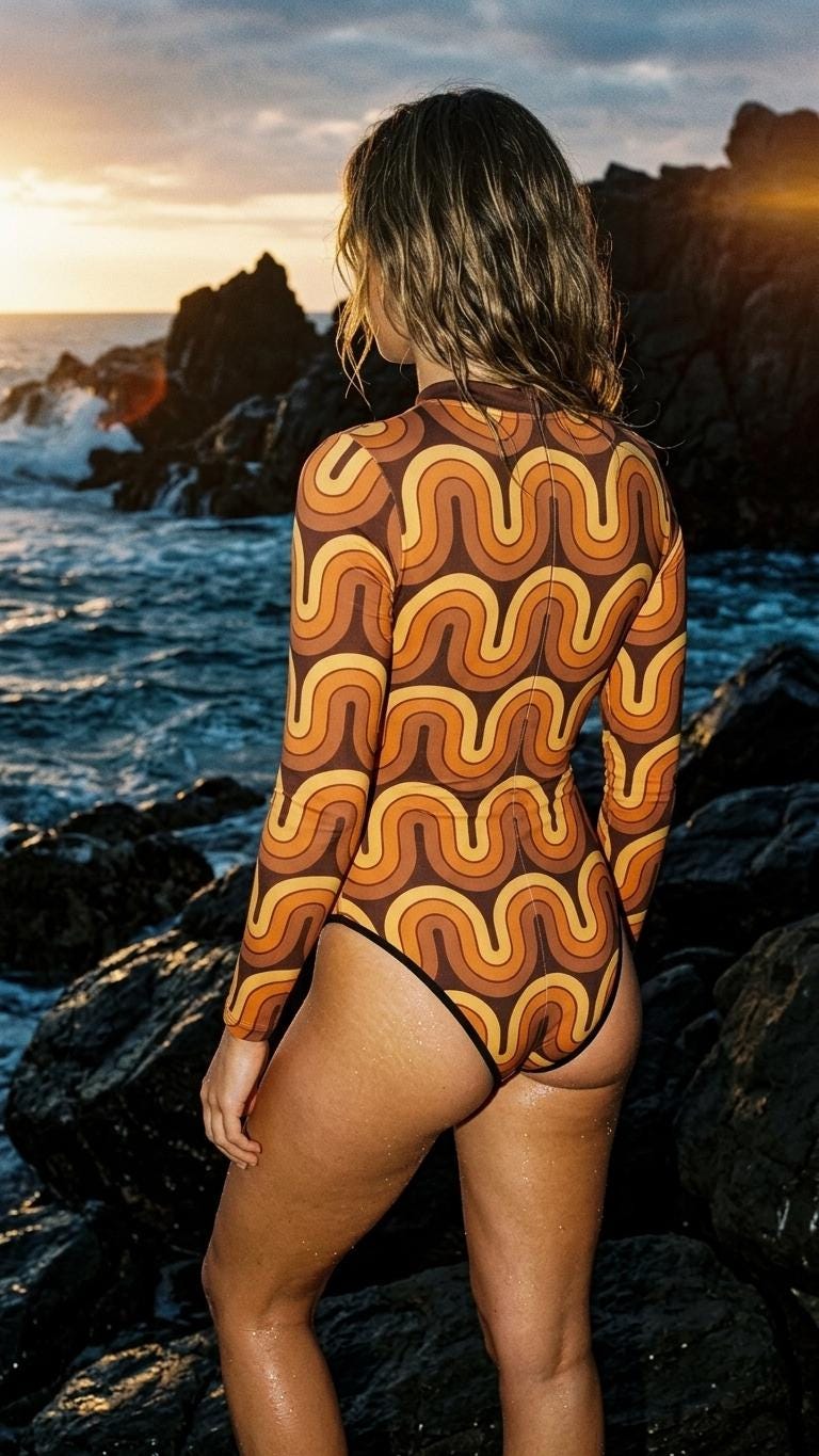 Lightweight Retro Long-Sleeve One-Piece Swimsuit - Back Zipper - Soft Chest Pads - Vintage 1970s Wave Pattern