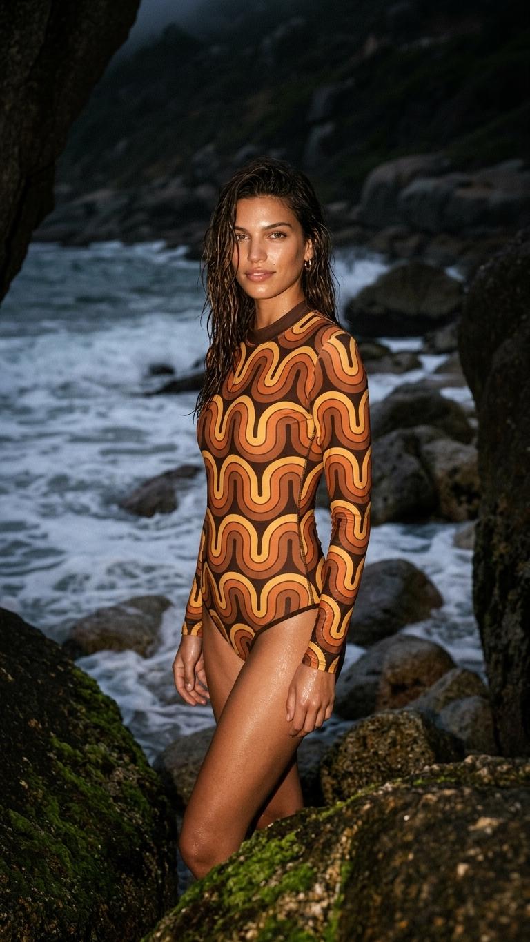 Lightweight Retro Long-Sleeve One-Piece Swimsuit - Back Zipper - Soft Chest Pads - Vintage 1970s Wave Pattern