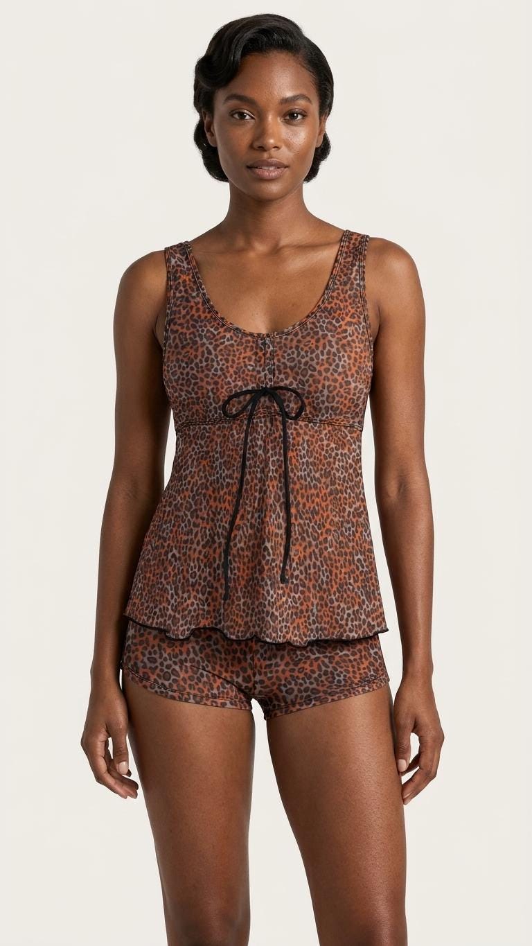 Drawstring Tankini Two-Piece Swimsuit with Boyshort Bottoms, Rusty Grunge Leopard