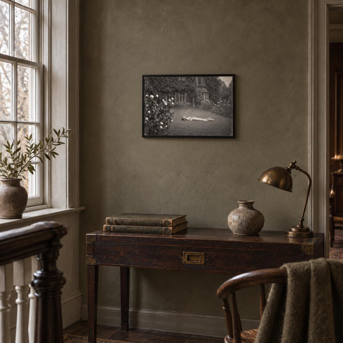 Faux-Victorian Wall Art, Syren in the Rain, Black-and-White Dark Romantic Garden Print, Framed or Unframed