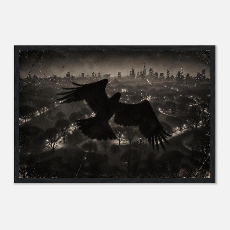 Crow Over Central Park, Faux-Vintage Black & White New York Wall Art, Framed or Unframed