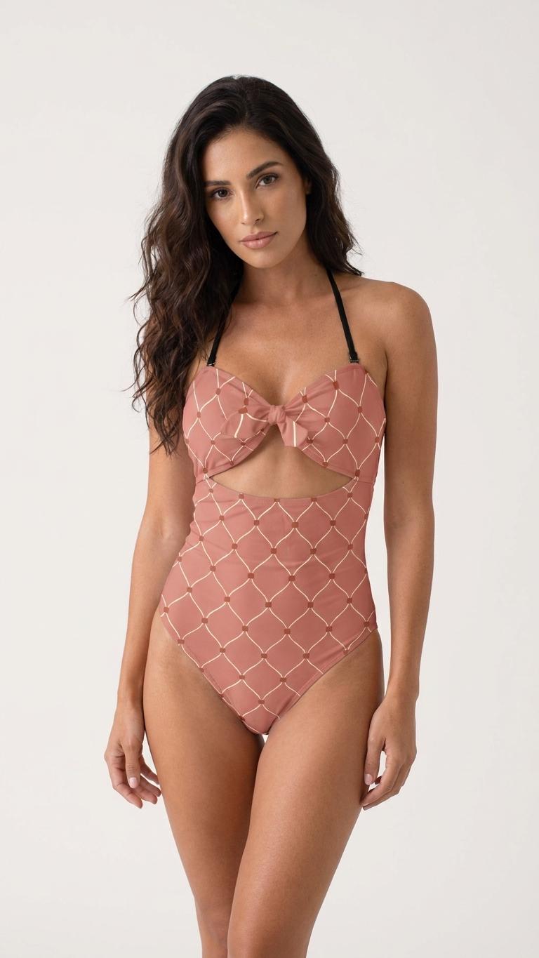 Retro Flair Romantic Trellis One-Piece Swimsuit, Front-Tie Cut-Out, Dusty Terracotta Rose