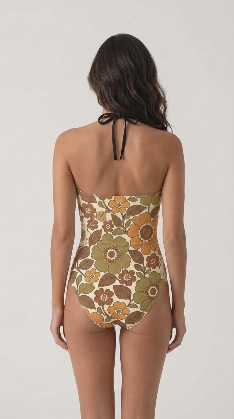 Retro Flair Romantic One-Piece Swimsuit, Front-Tie Cut-Out, Tummy Control, Retro Florals