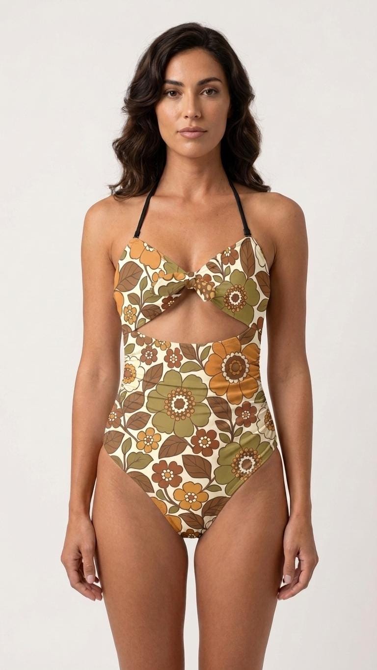 Retro Flair Romantic One-Piece Swimsuit, Front-Tie Cut-Out, Tummy Control, Retro Florals