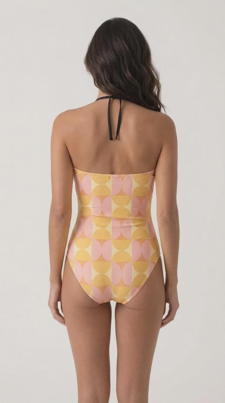 Retro Flair Romantic One-Piece Swimsuit, Front-Tie Cut-Out, Retro Pastel Mid-Century Print