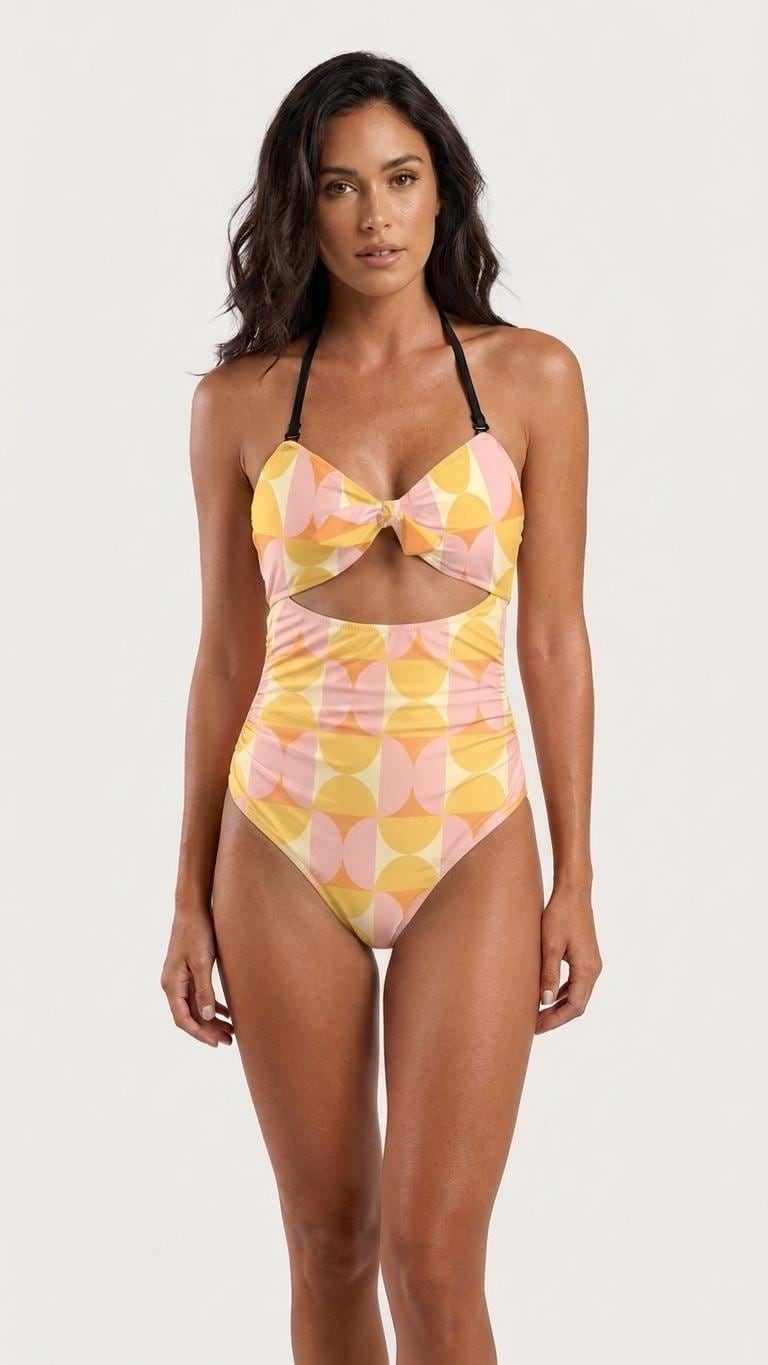 Retro Flair Romantic One-Piece Swimsuit, Front-Tie Cut-Out, Retro Pastel Mid-Century Print