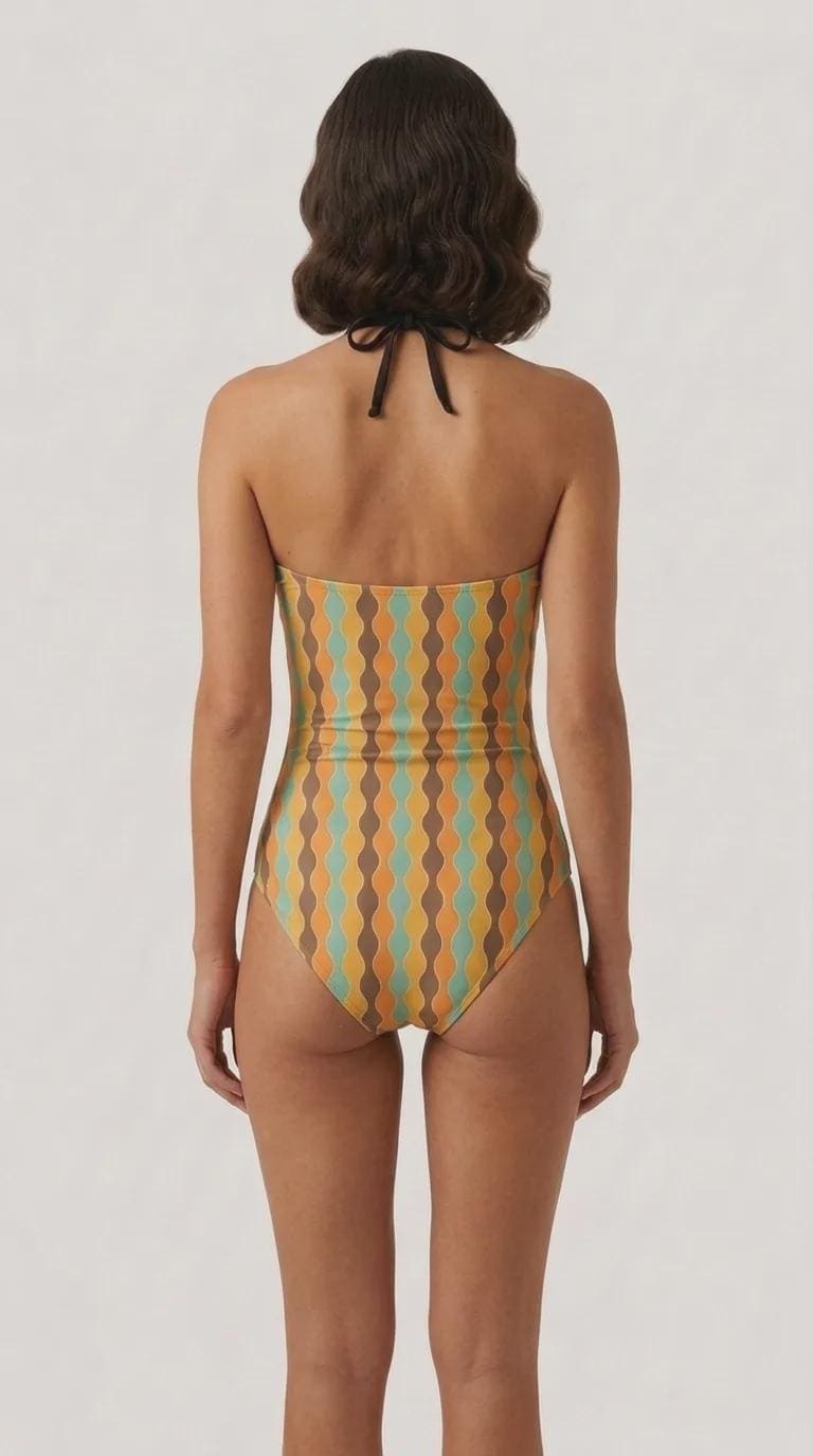 Retro Flair Romantic One-Piece Swimsuit, Front-Tie Cut-Out, Retro Wavy Mid-Century Stripes