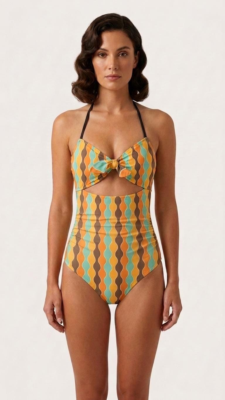 Retro Flair Romantic One-Piece Swimsuit, Front-Tie Cut-Out, Retro Wavy Mid-Century Stripes