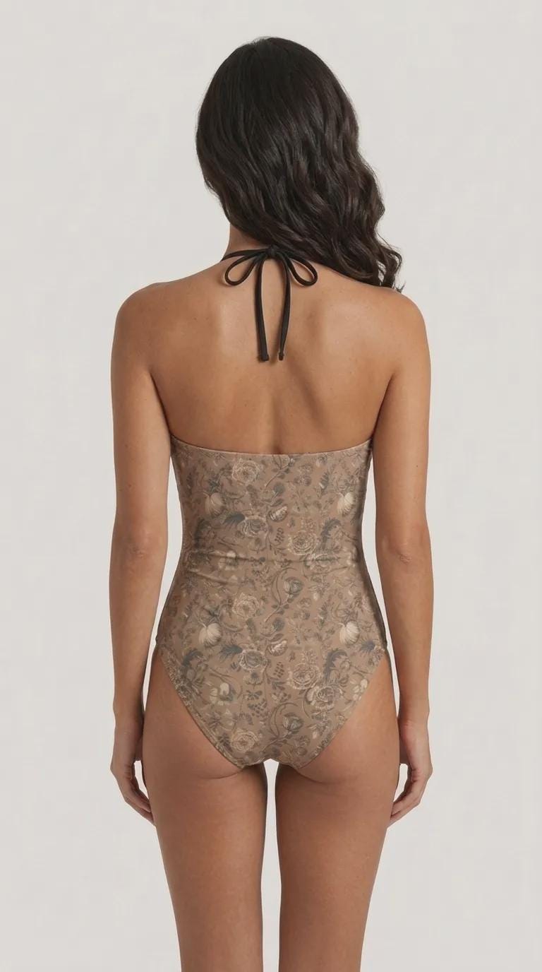 Retro Flair Romantic One-Piece Swimsuit, Front-Tie Cut-Out, Tummy Control, Vintage Brown Florals