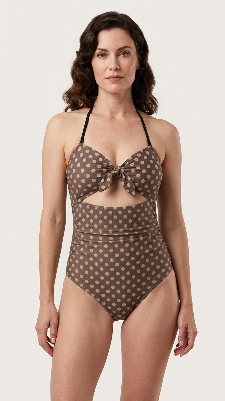Retro Flair Romantic One-Piece Swimsuit, Front-Tie Cut-Out, Tummy Control, Brown Polka Dot
