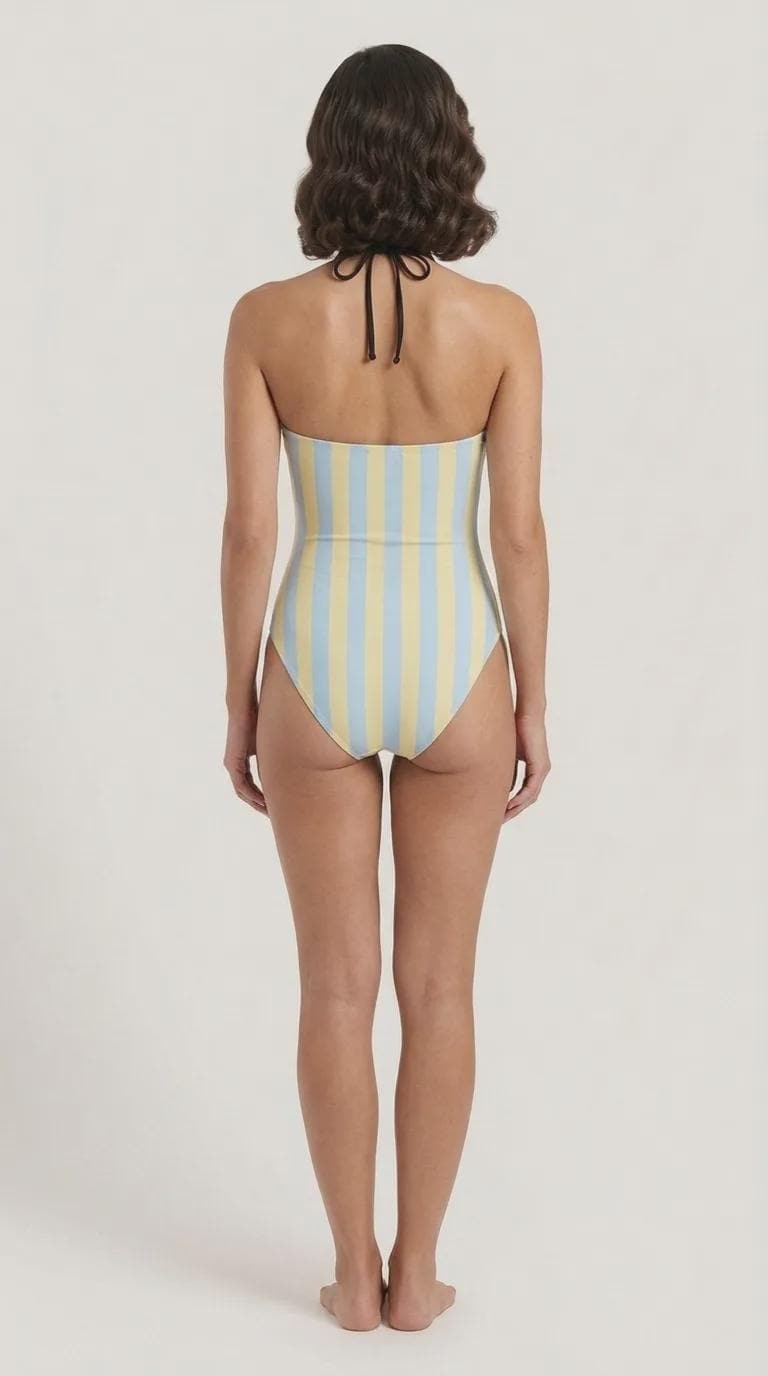 Retro Flair Romantic One-Piece Swimsuit, Front-Tie Cut-Out, Retro Wavy Mid-Century Stripes