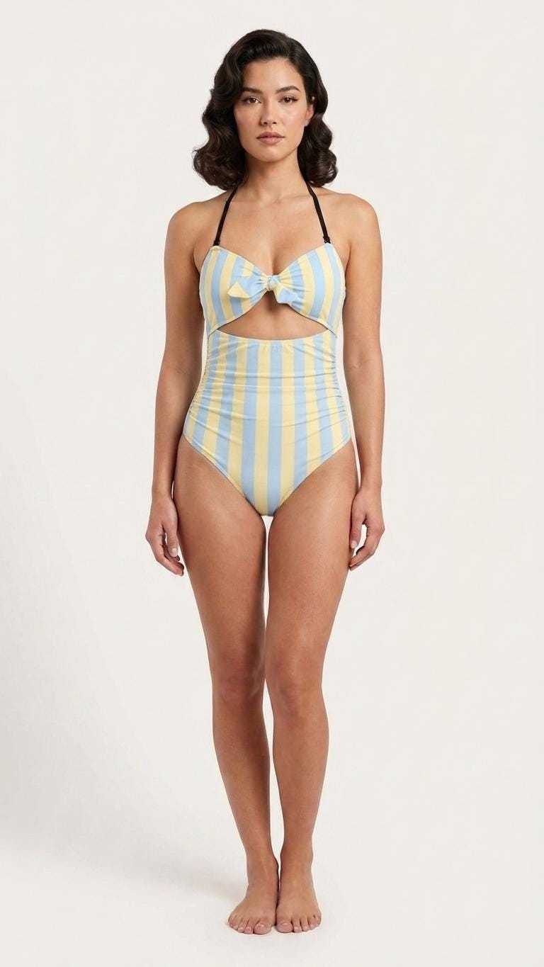 Retro Flair Romantic One-Piece Swimsuit, Front-Tie Cut-Out, Retro Wavy Mid-Century Stripes