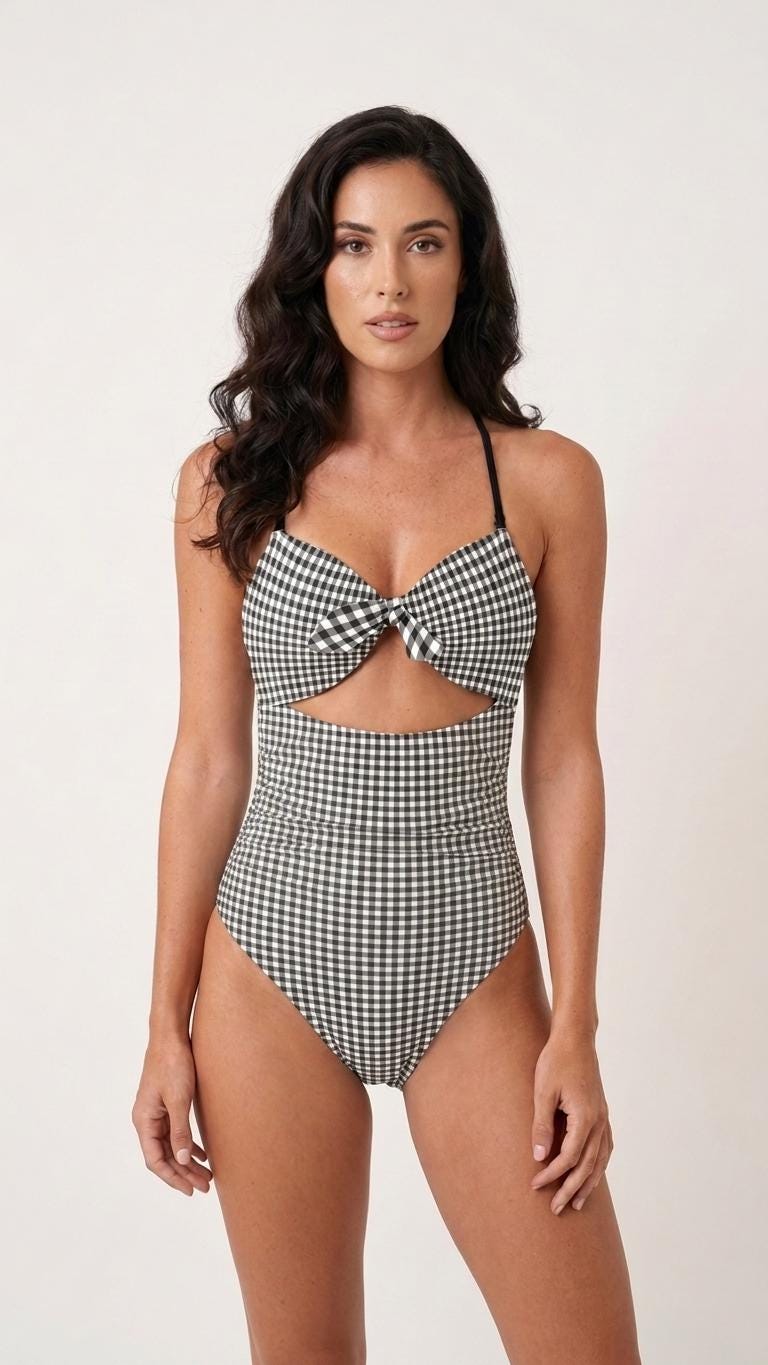 Retro Flair Romantic One-Piece Swimsuit, Front-Tie Cut-Out, Tummy Control, Black Gingham Checks