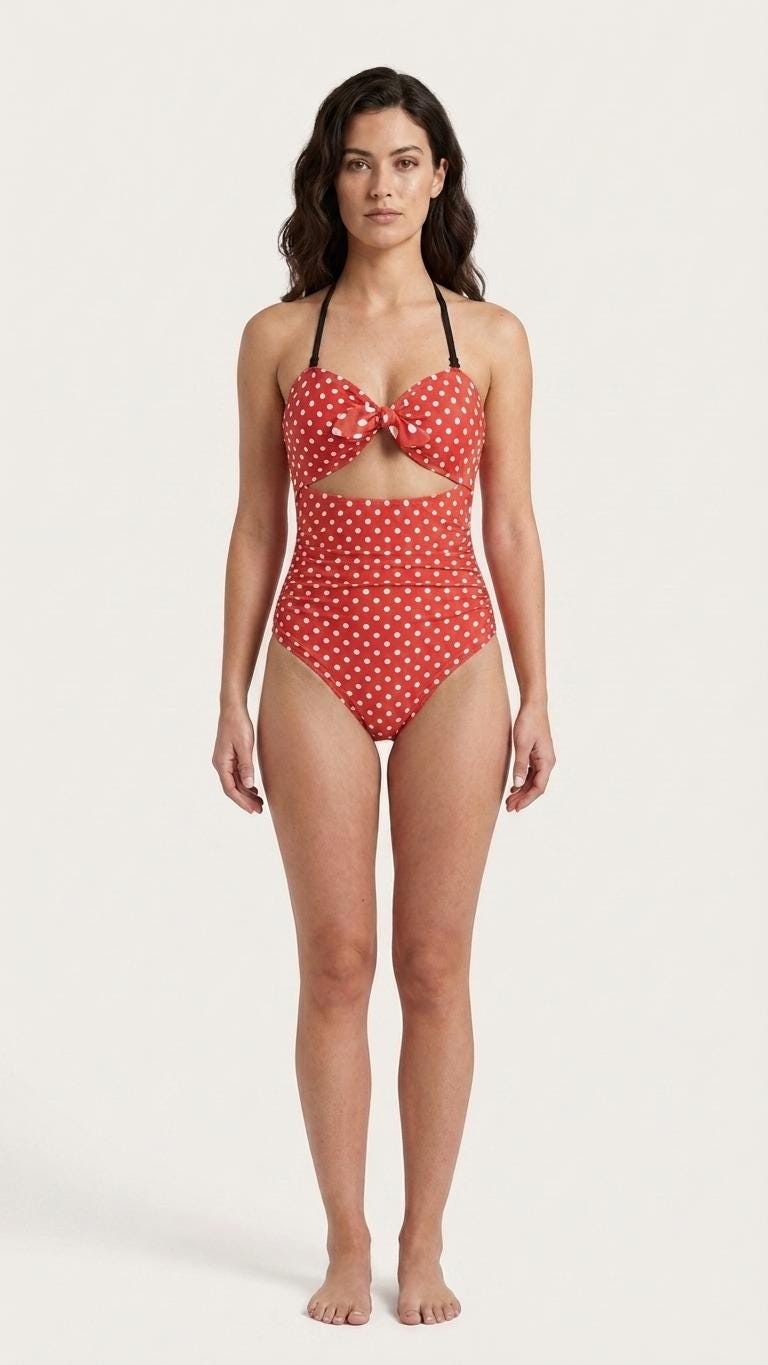 Retro Flair Romantic One-Piece Swimsuit, Front-Tie Cut-Out, Tummy Control, Red Polka Dot
