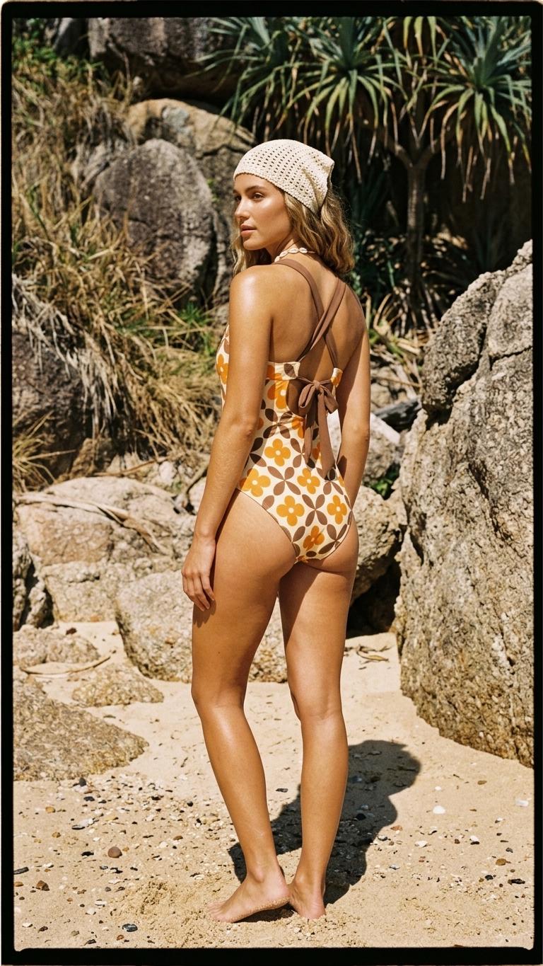 Romantic Vintage-Inspired V-Neck Plunge One-Piece Retro Swimsuit, Ruching & Cross-Back, Mid-Century Browns