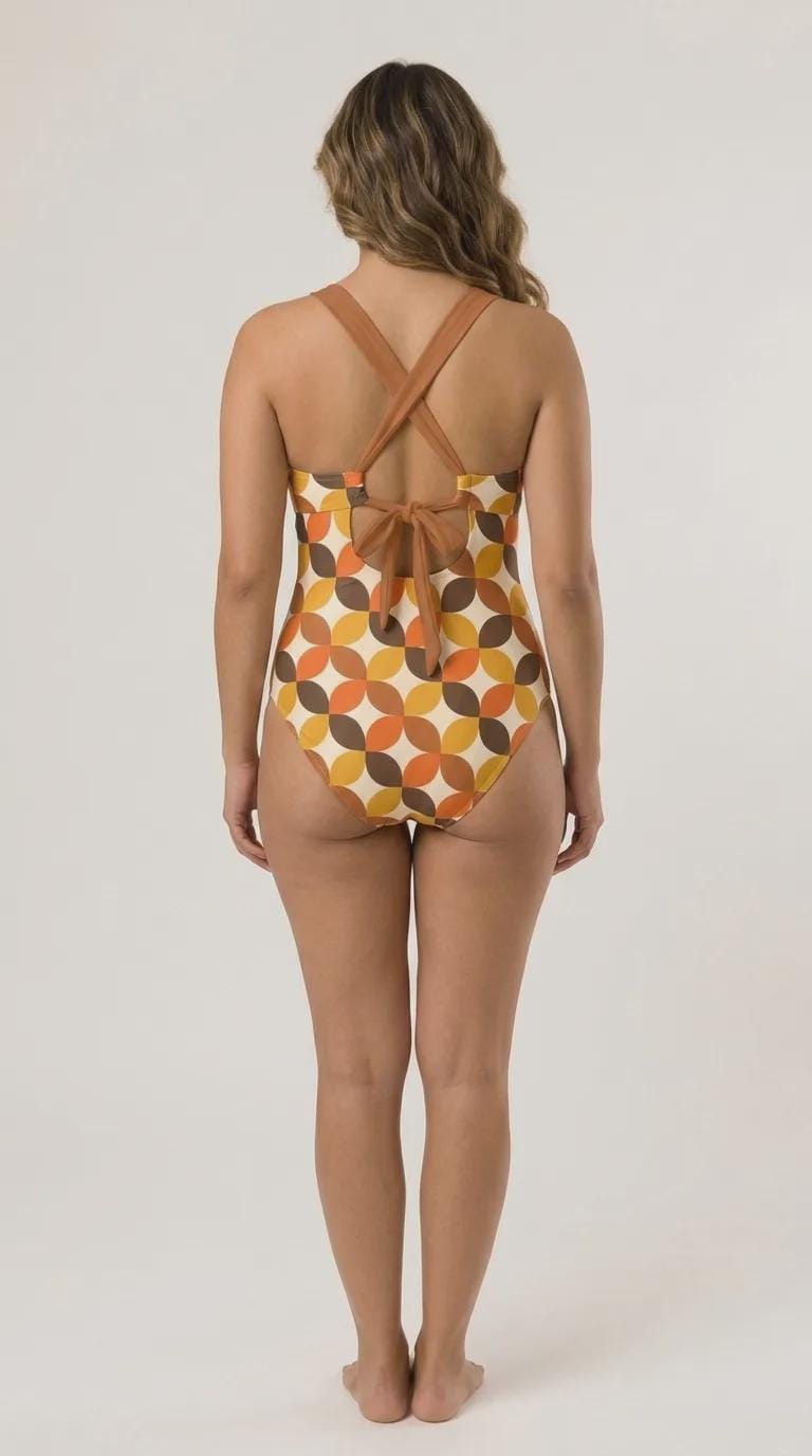 Romantic Vintage-Inspired V-Neck Plunge One-Piece Retro Swimsuit, Ruching & Cross-Back, Mid-Century Boho Pattern