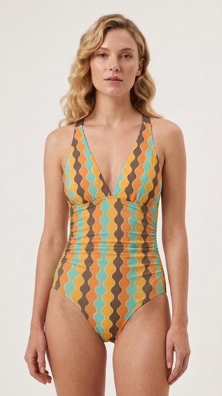 Romantic Vintage-Inspired V-Neck Plunge One-Piece Retro Swimsuit, Ruching & Cross-Back, Mid-Century Hourglass Stripes