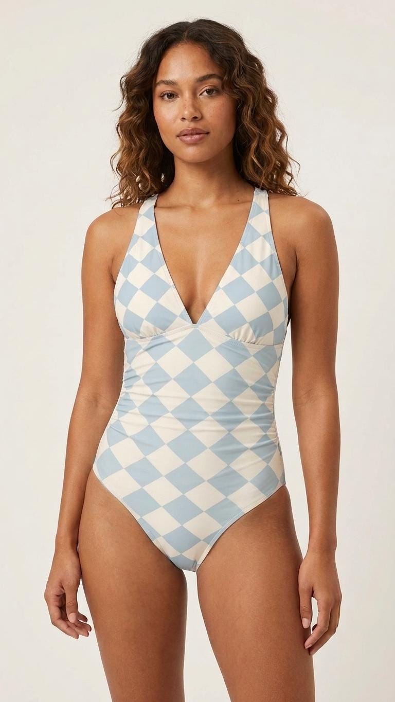 Romantic Vintage-Inspired V-Neck Plunge One-Piece Retro Swimsuit, Ruching & Cross-Back, Mid-Century Blue Diamonds