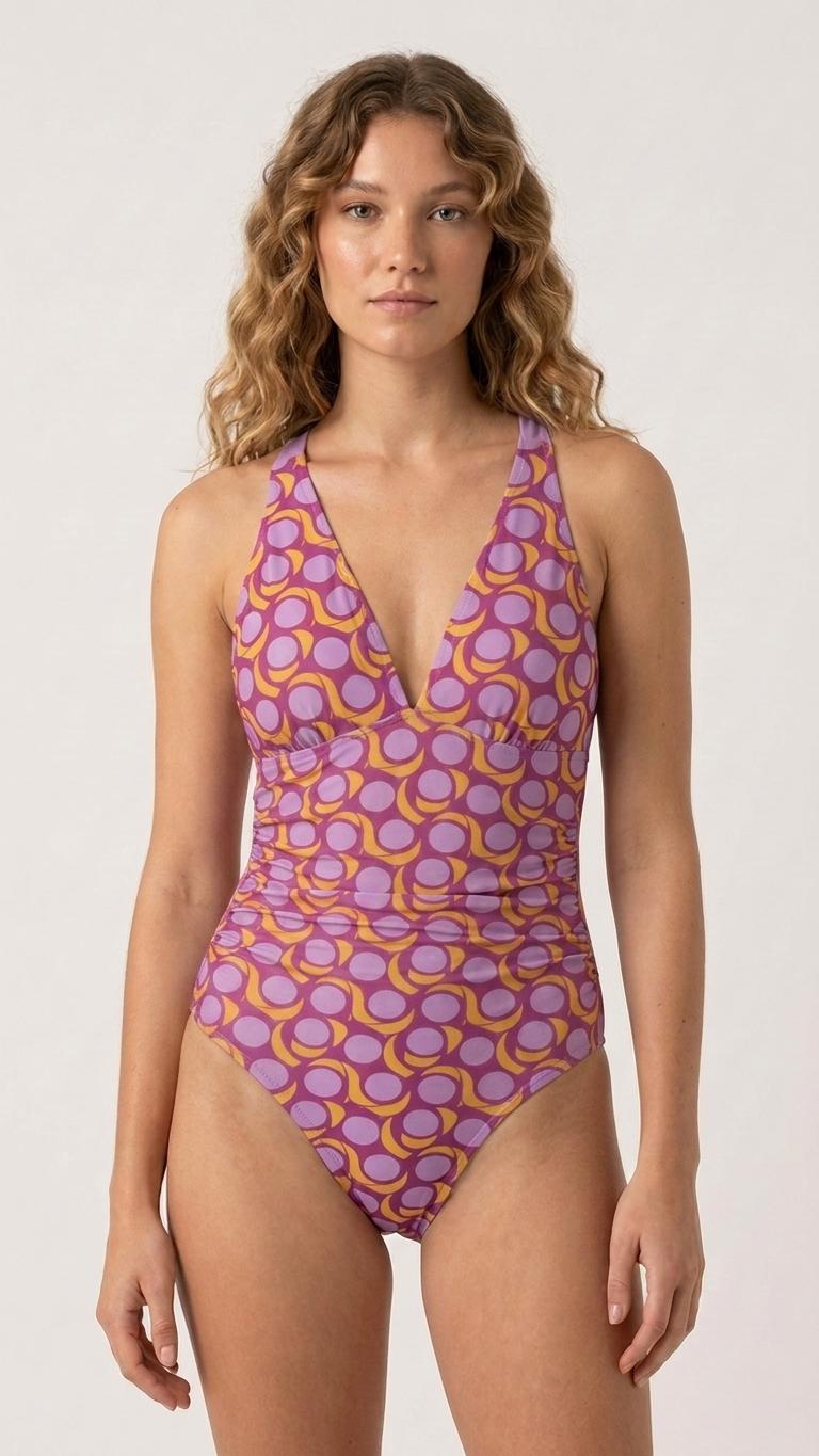Romantic Vintage-Inspired V-Neck Plunge One-Piece Retro Swimsuit, Ruching & Cross-Back, Mid-Century Purple Crescent Pattern