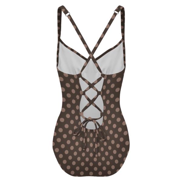Retro Romantic Push-Up One-Piece Swimsuit with Lace-Up Back, Brown Polka-Dot