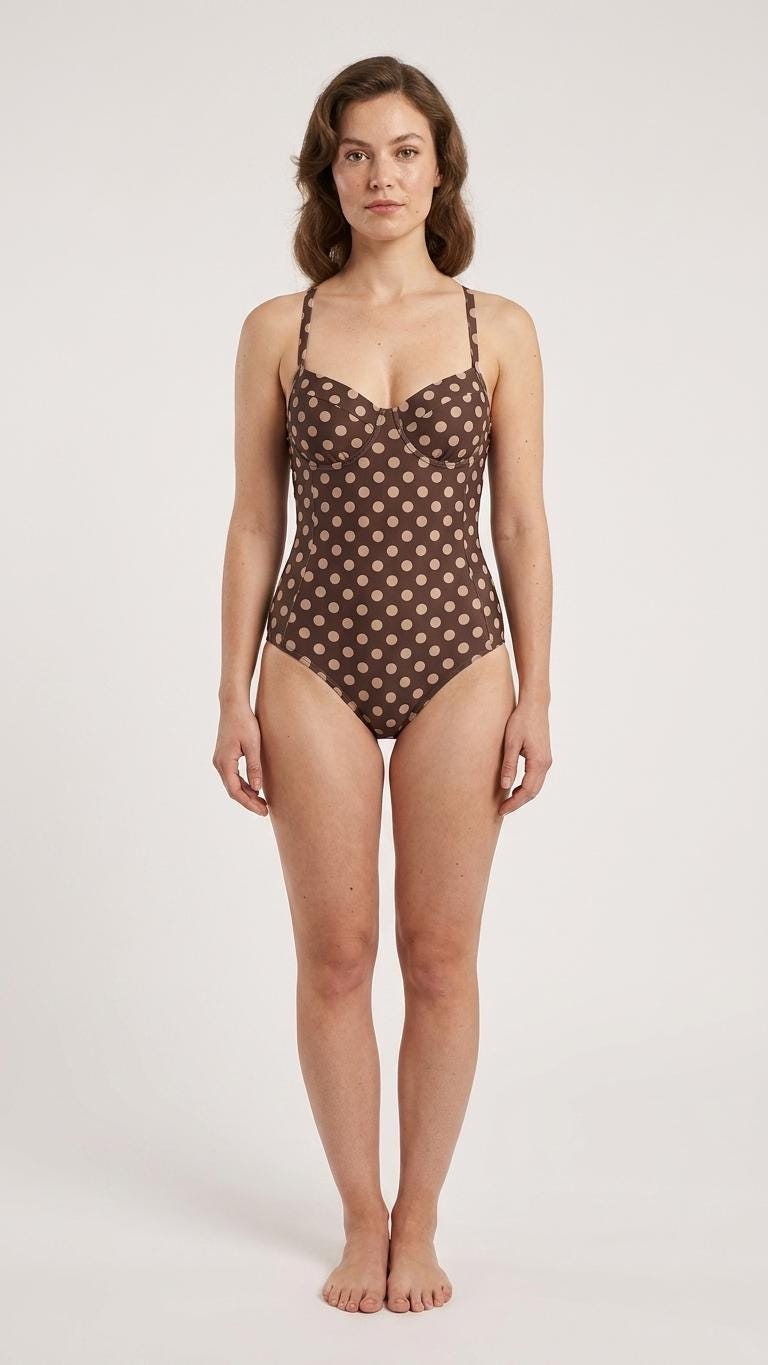 Retro Romantic Push-Up One-Piece Swimsuit with Lace-Up Back, Brown Polka-Dot