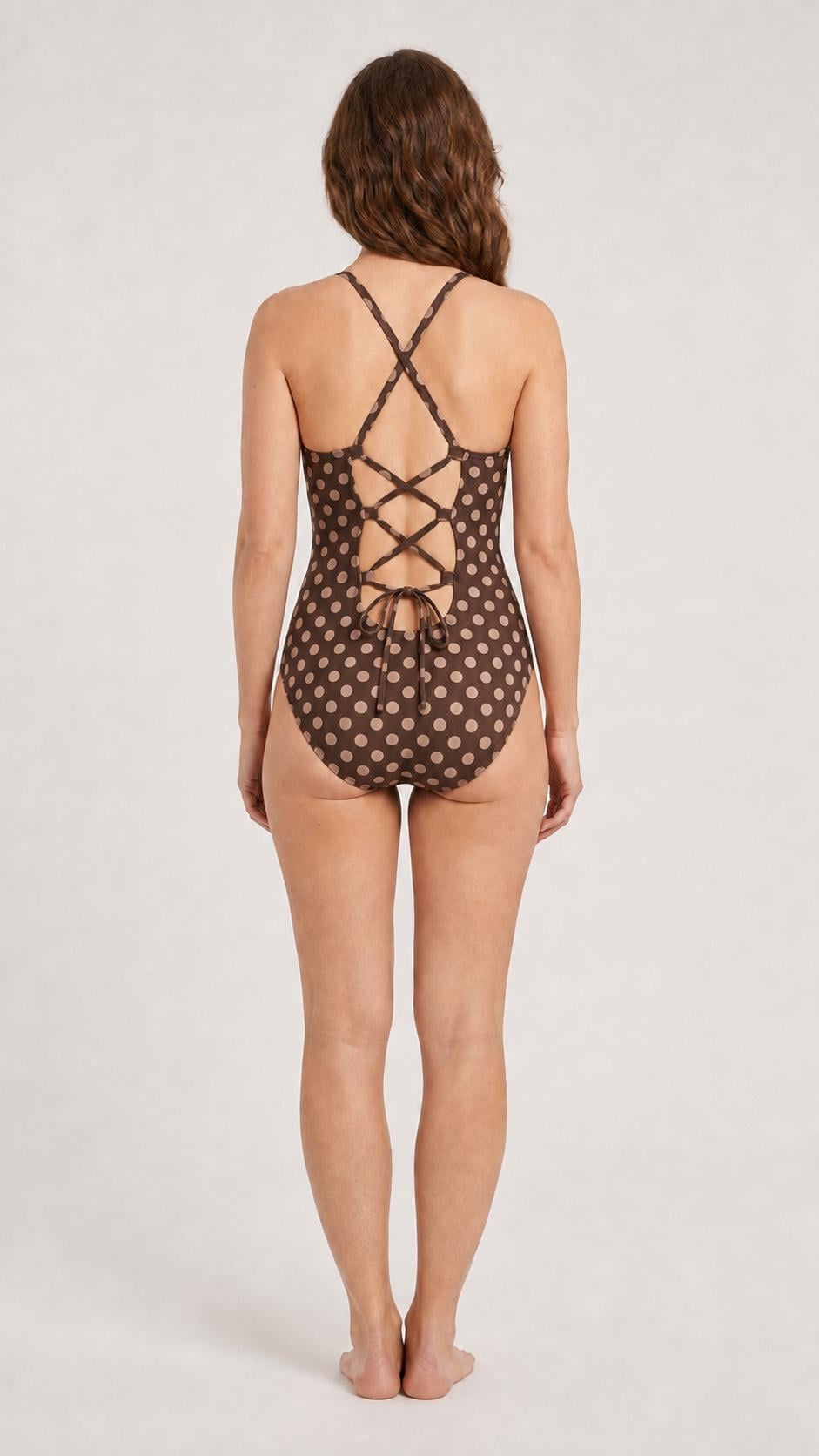 Retro Romantic Push-Up One-Piece Swimsuit with Lace-Up Back, Brown Polka-Dot