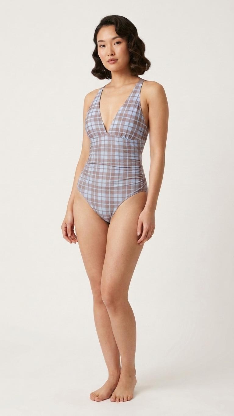 Romantic Vintage-Inspired V-Neck Plunge One-Piece Retro Swimsuit, Ruching & Cross-Back, Periwinkle Plaid