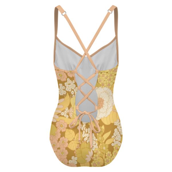 Retro Romantic Floral Push-Up One-Piece Swimsuit with Lace-Up Back, Vintage Florals