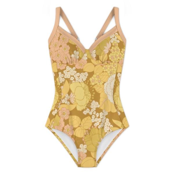 Retro Romantic Floral Push-Up One-Piece Swimsuit with Lace-Up Back, Vintage Florals