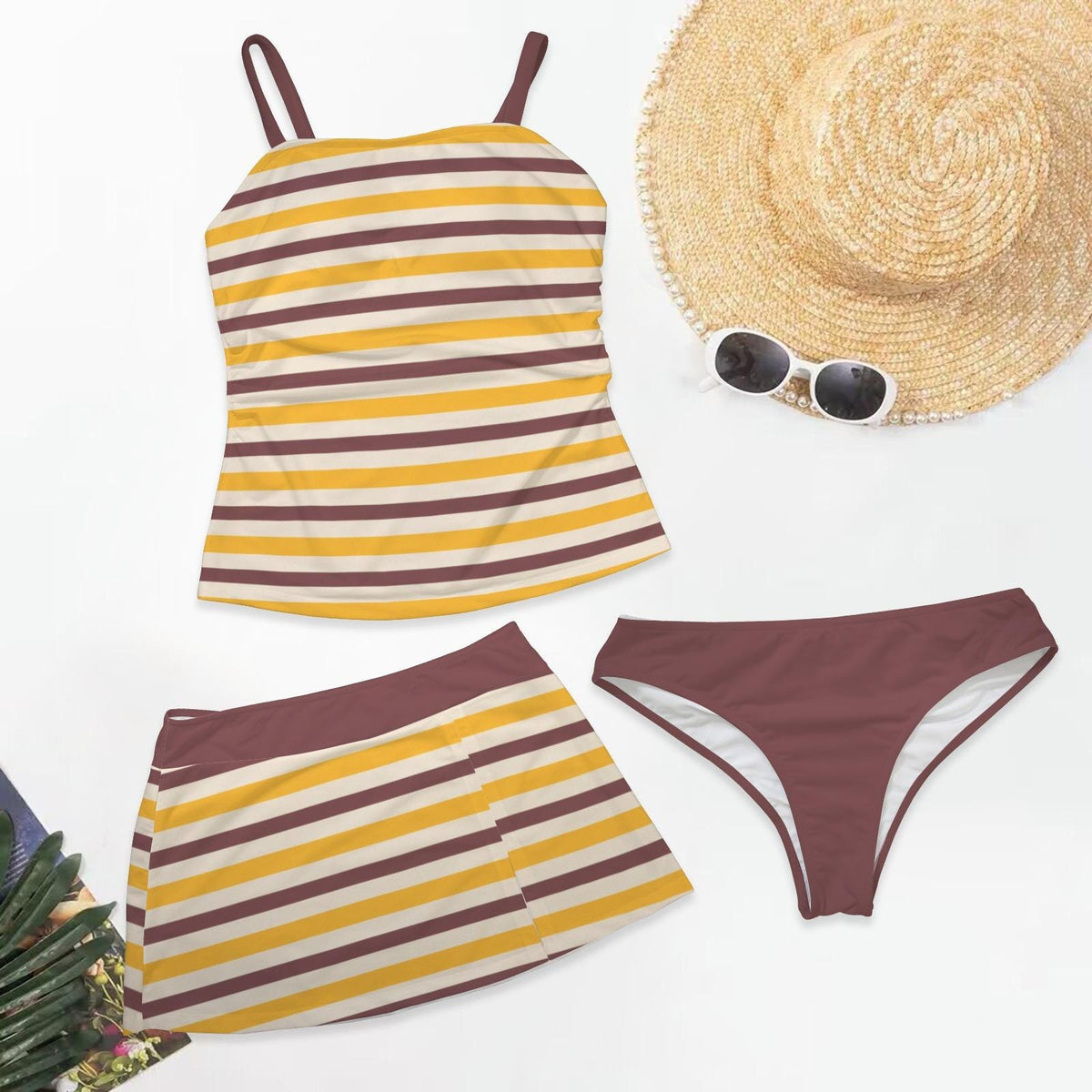 Retro Tankini Skirt 3-Piece Swim Set - Vintage Boho 1970s Mustard & Maroon Stripes