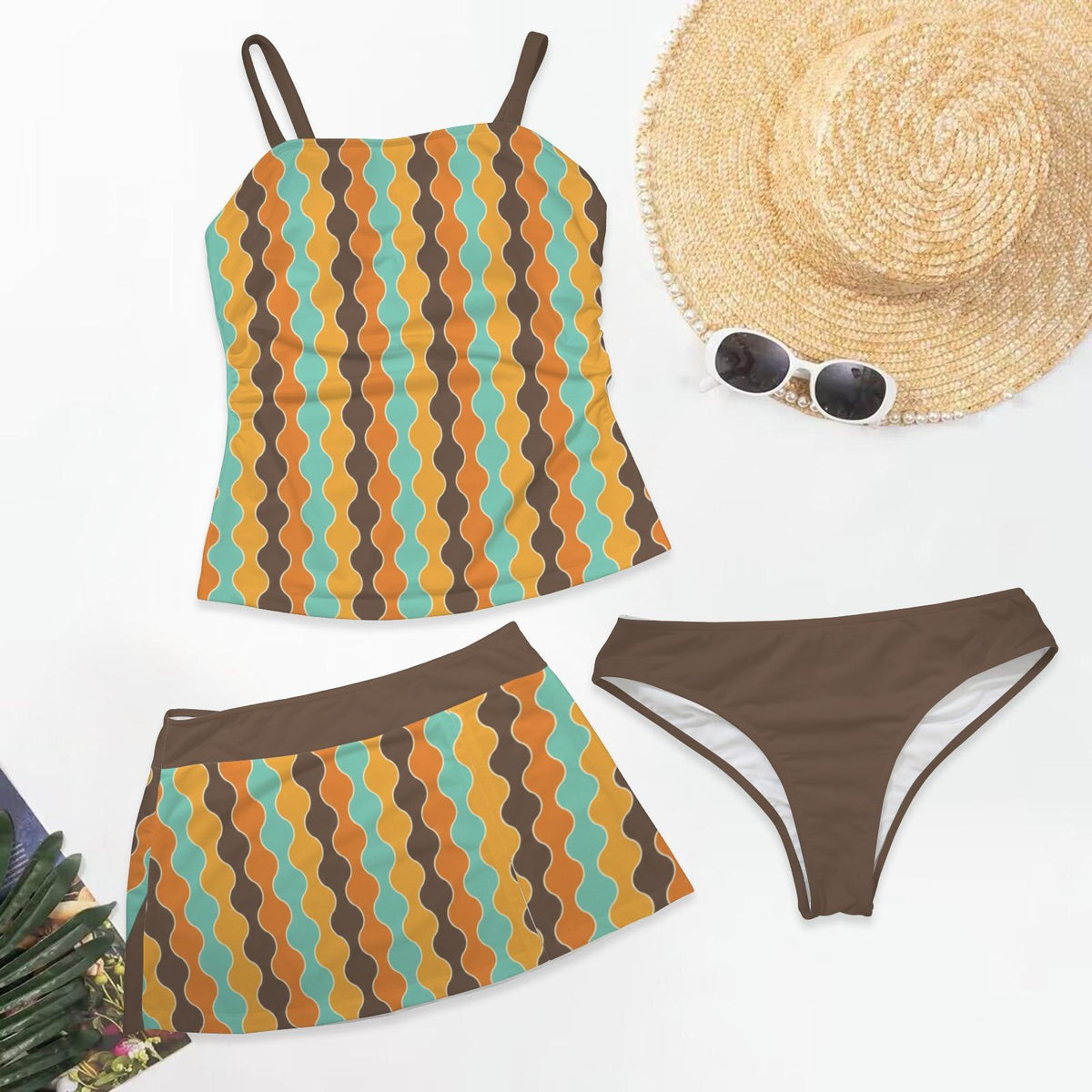 Retro Tankini Skirt 3-Piece Swim Set - Vintage Boho 1970s Waves