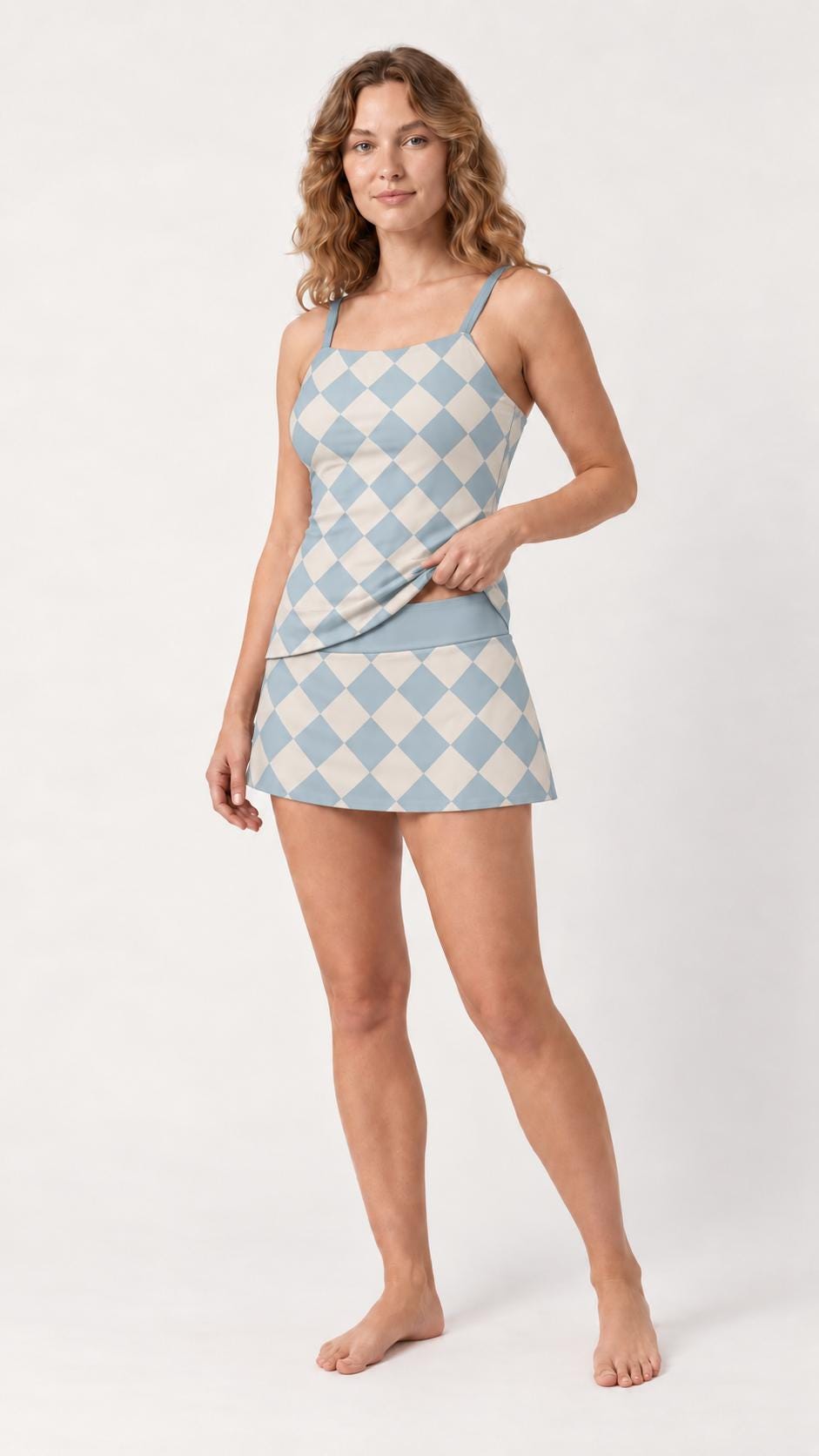 Retro Tankini With Skirt 3-Piece Swim Set - Vintage Blue Diamonds